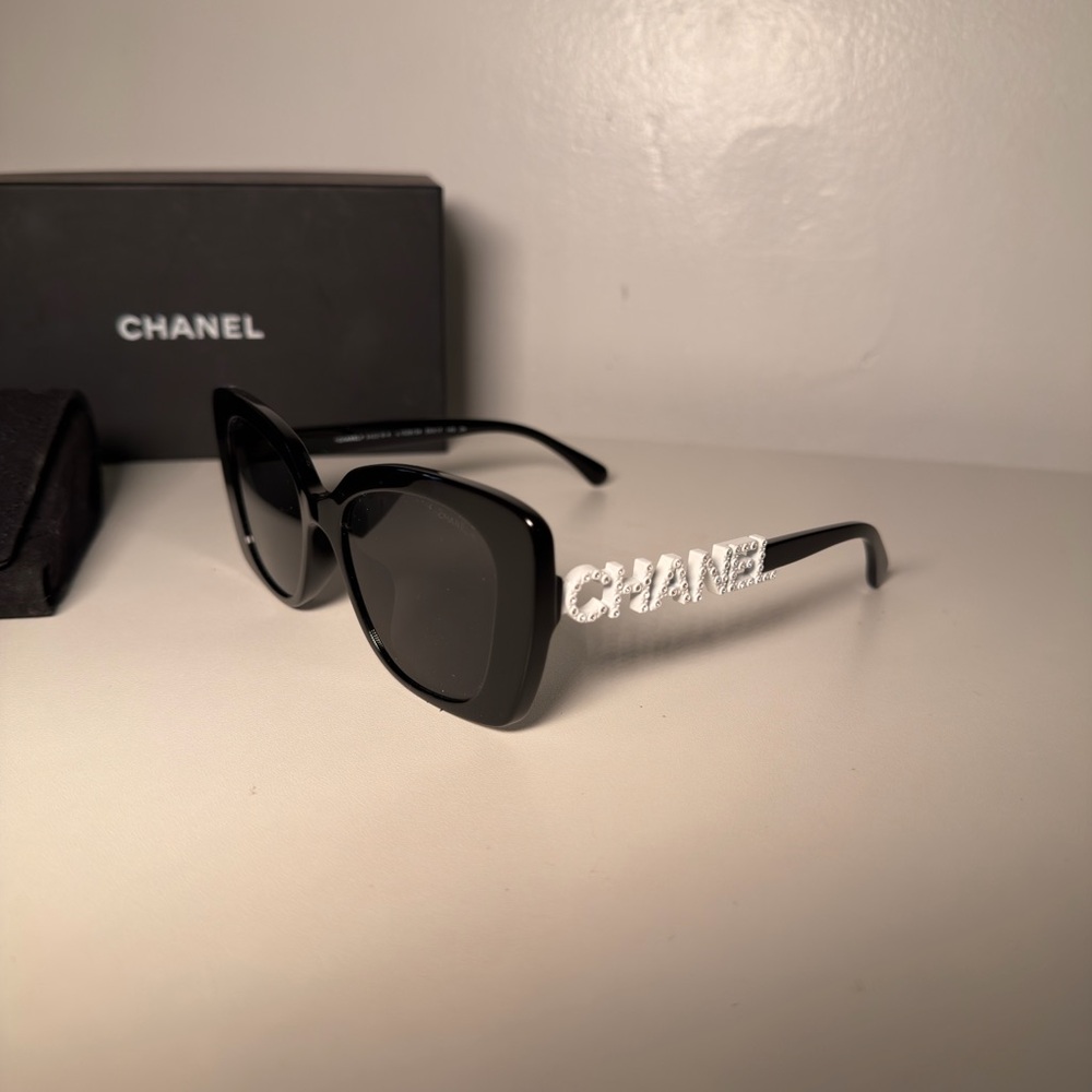 CHANEL Black Sunglasses with White Logo